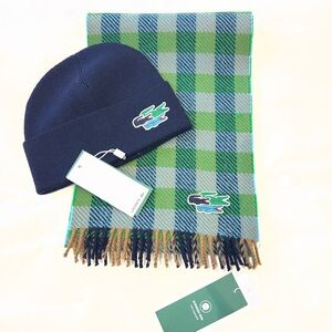 Lacoste Beanie and Fringed Scarf set. 100% Organic Merino Wool.